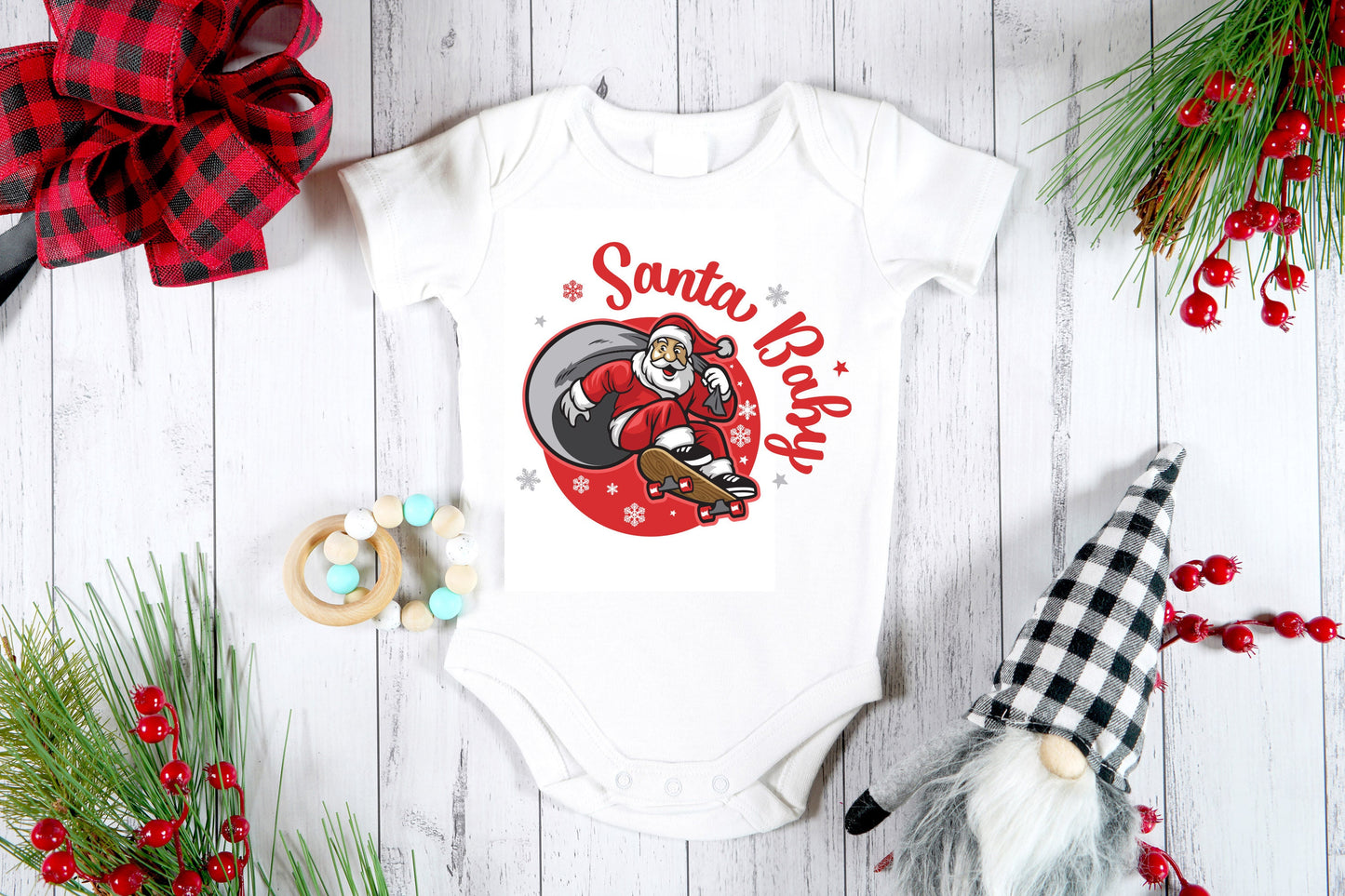 Skateboard Santa Baby First Christmas Custom Onesie, Unisex Cute Christmas Onesie, Newborn Baby Home Coming Gift, Knitted Baby