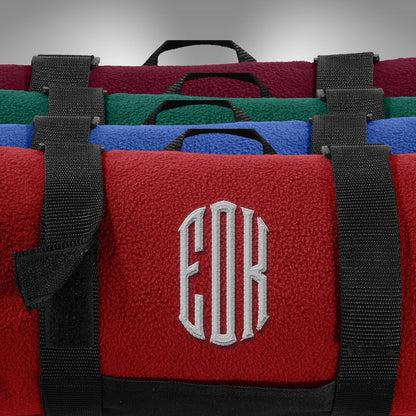 Custom Embroidered Fleece Blanket with Carrying Strap, Personalized travel blanket for Wedding and Corporate Gifts
