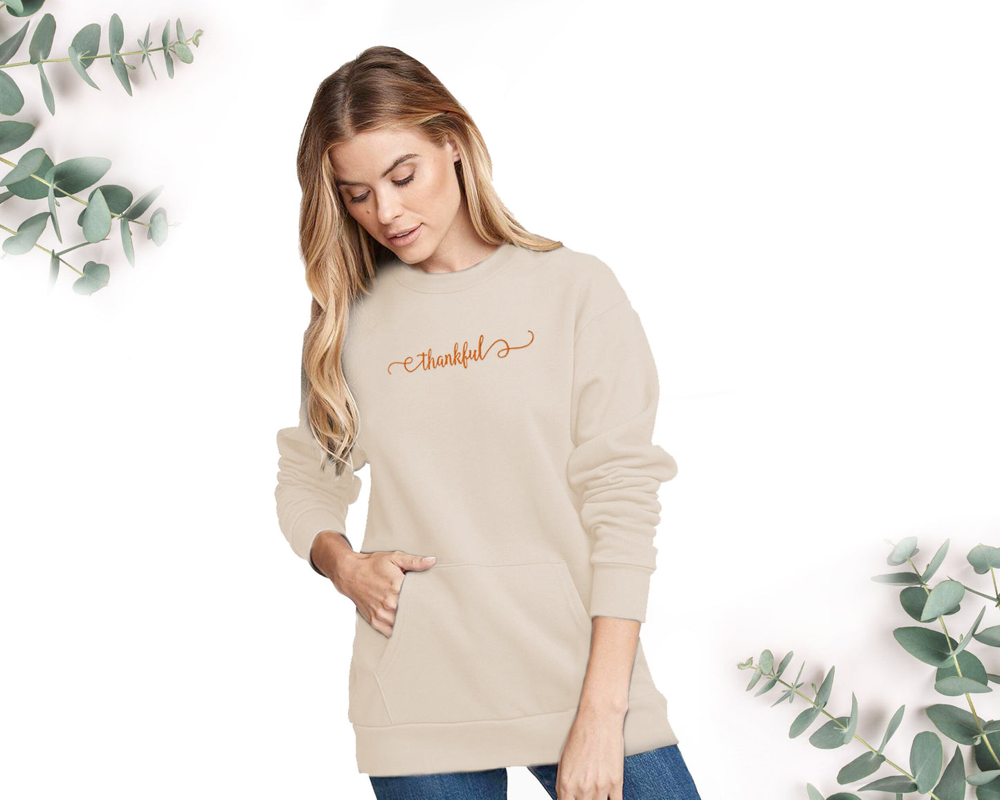 Thankful Sweatshirt, Thanksgiving Embroidered Sweater, Fall Crewneck, Minimalist, Cozy