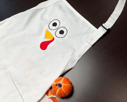 Embroidered Thanksgiving Apron With Pockets, Adjustable, Hostess Gift, Baking Apron, Turkey Face Design