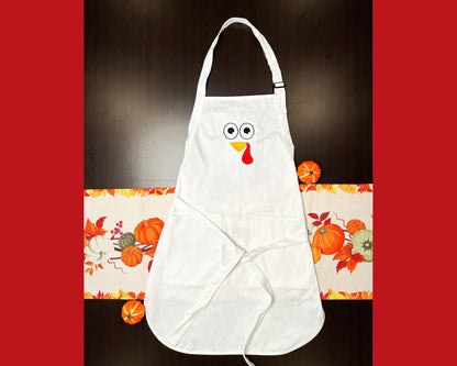 Embroidered Thanksgiving Apron With Pockets, Adjustable, Hostess Gift, Baking Apron, Turkey Face Design