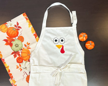 Embroidered Thanksgiving Apron With Pockets, Adjustable, Hostess Gift, Baking Apron, Turkey Face Design