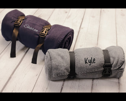 Custom Embroidered Fleece Blanket with Carrying Strap, Personalized travel blanket for Wedding and Corporate Gifts