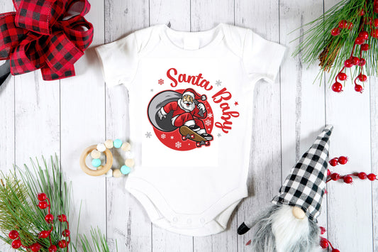 Skateboard Santa Baby First Christmas Custom Onesie, Unisex Cute Christmas Onesie, Newborn Baby Home Coming Gift, Knitted Baby